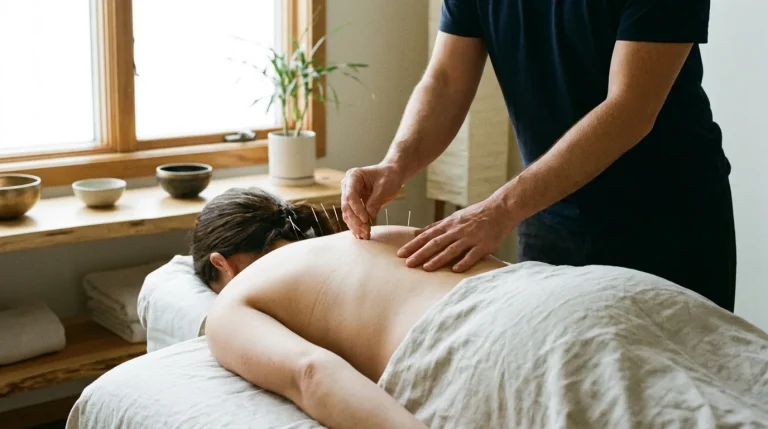 Praticien plaçant des aiguilles d'acupuncture sur le dos d'un patient dans un cabinet médical