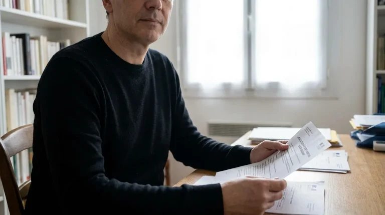 Personne tenant une attestation de complémentaire santé solidaire à son domicile