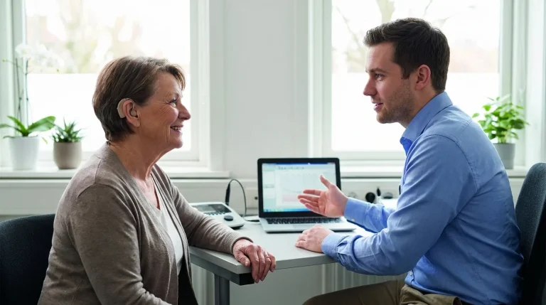 Personne âgée souriante avec un appareil auditif lors d'une consultation chez un audioprothésiste