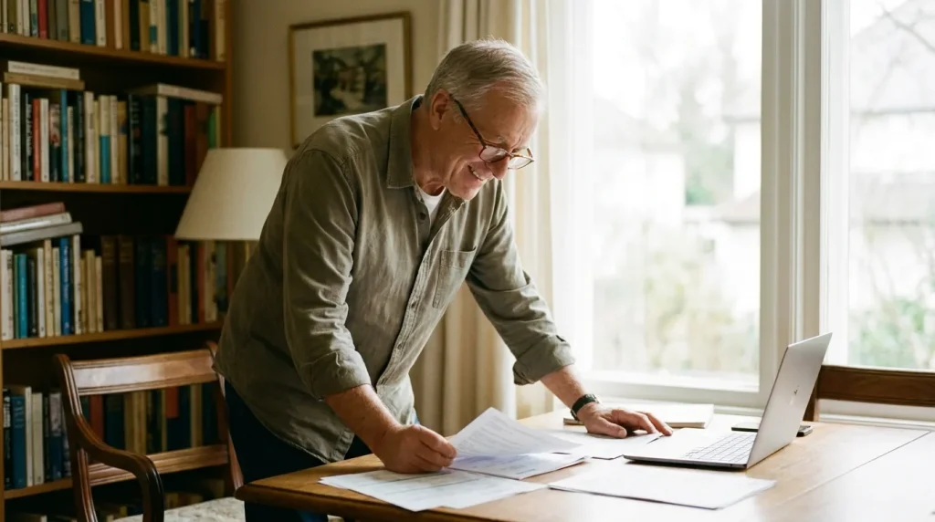 Senior souriant consultant des documents de santé à son domicile, lumière naturelle