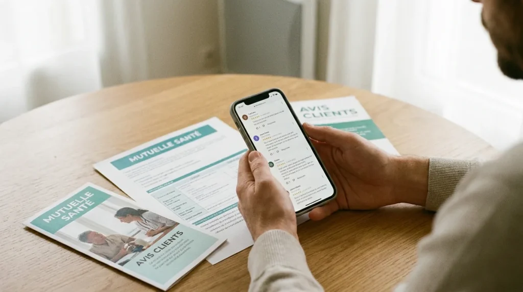 Personne consultant des avis sur son téléphone avec des documents de mutuelle santé posés sur la table