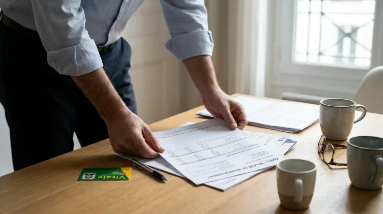 Relevé de remboursement Ameli posé sur une table avec une carte Vitale, vue en plan rapproché