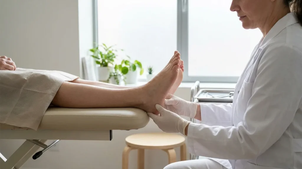 Podologue examinant le pied d'un patient sur une table de consultation, lumière naturelle