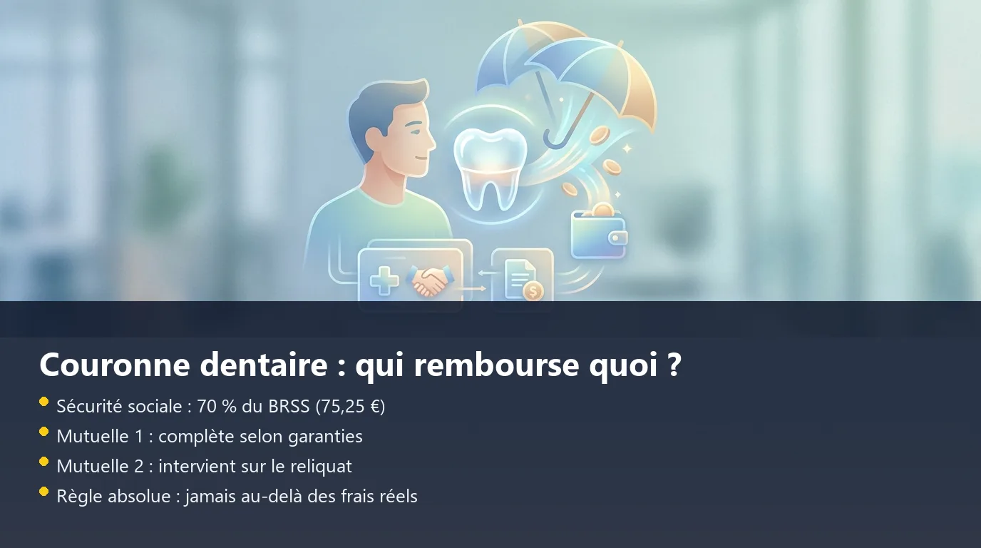 Infographie illustrant la cascade de remboursement d'une couronne dentaire avec la Sécurité sociale et deux mutuelles