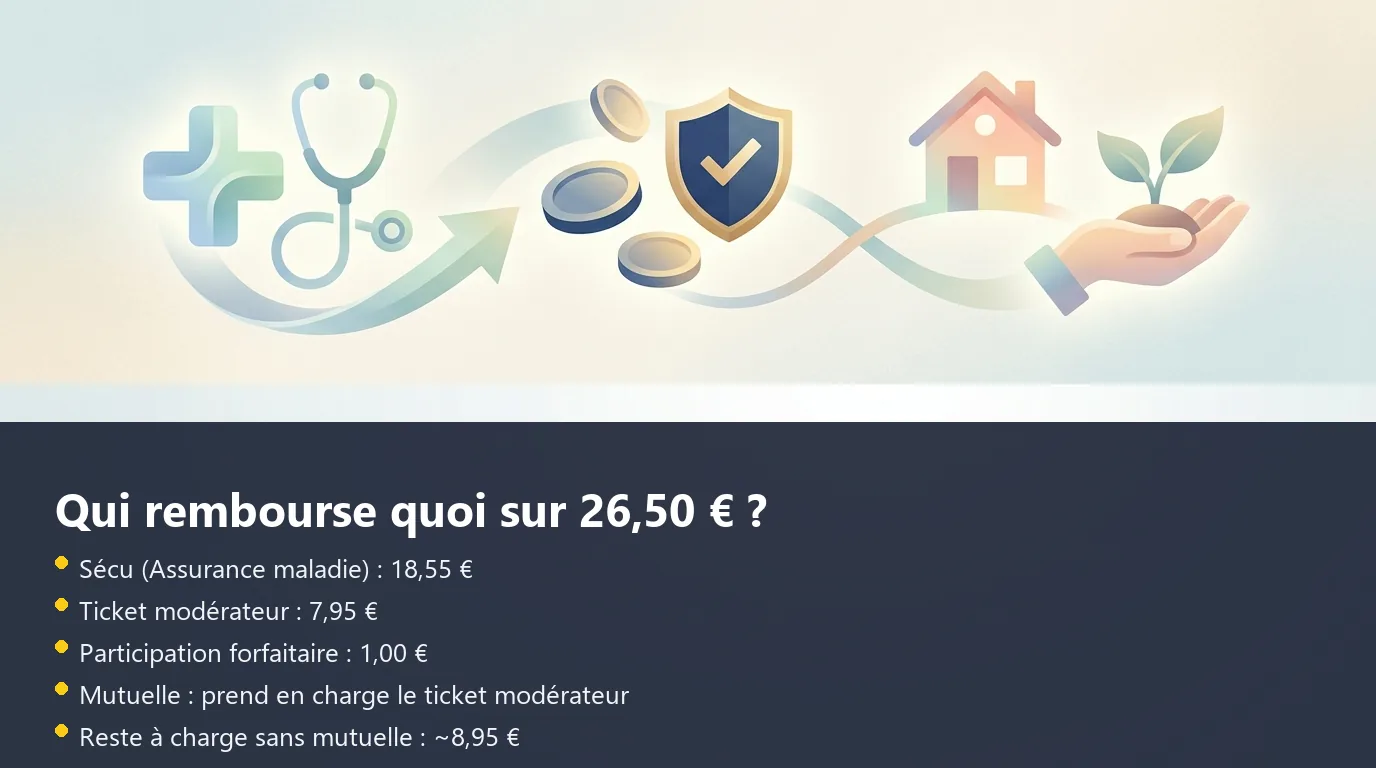 Schéma de la cascade de remboursement Sécu puis mutuelle pour une consultation à 26,50 €