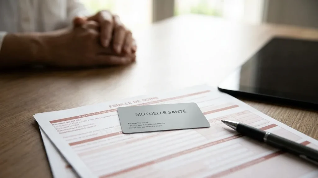 Carte de mutuelle posée sur une feuille de remboursement Sécurité sociale avec un stylo