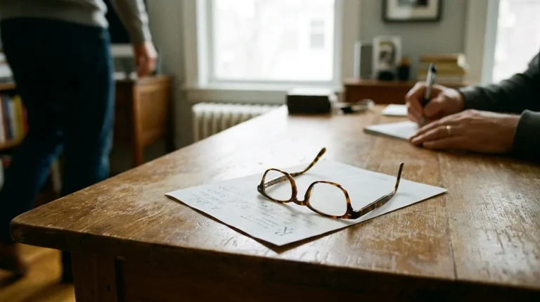 Paire de lunettes posée sur une ordonnance médicale, ambiance sobre et lumière naturelle