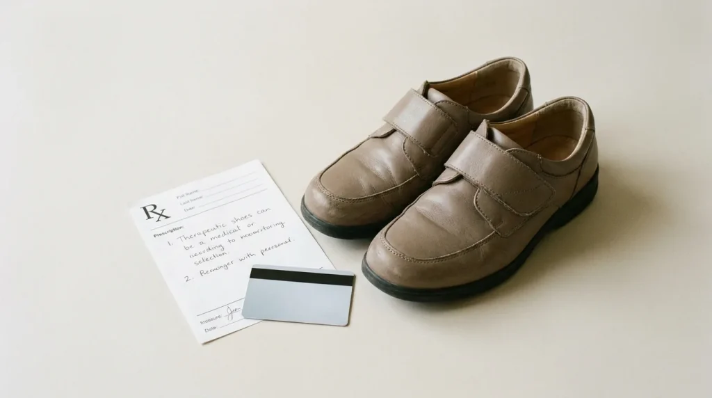 Paire de chaussures thérapeutiques posée à côté d'une ordonnance médicale et d'une carte de mutuelle