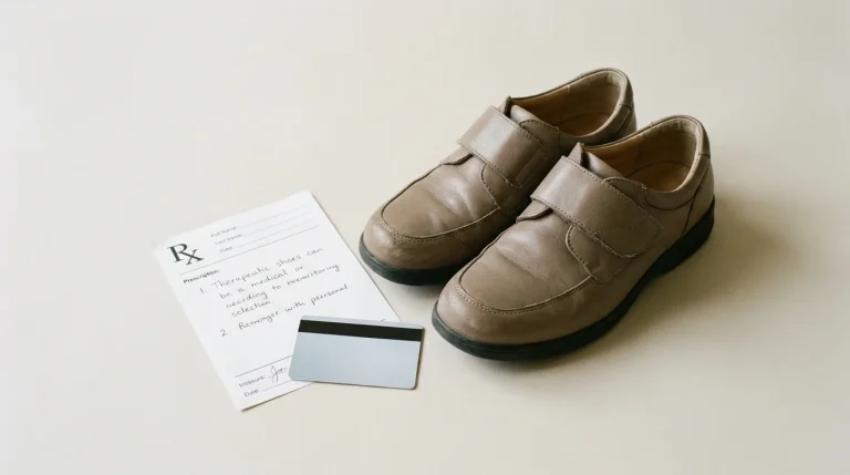 Paire de chaussures thérapeutiques posée à côté d'une ordonnance médicale et d'une carte de mutuelle