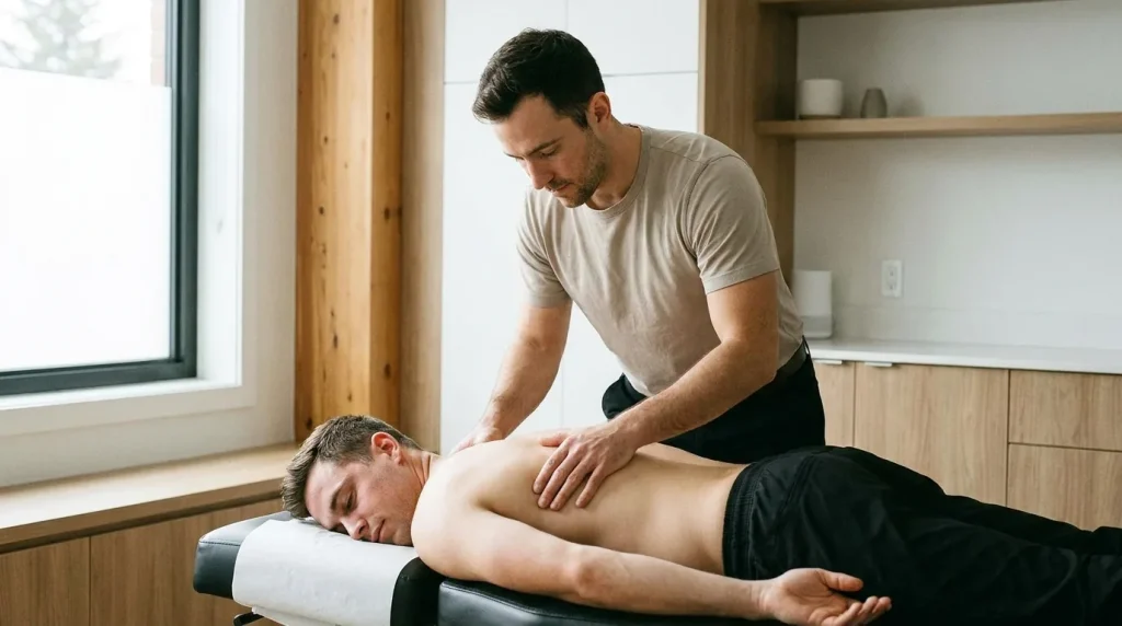 Chiropraticien réalisant un ajustement vertébral sur un patient en cabinet médical