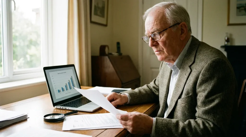 Senior retraité consultant des documents de complémentaire santé à son bureau