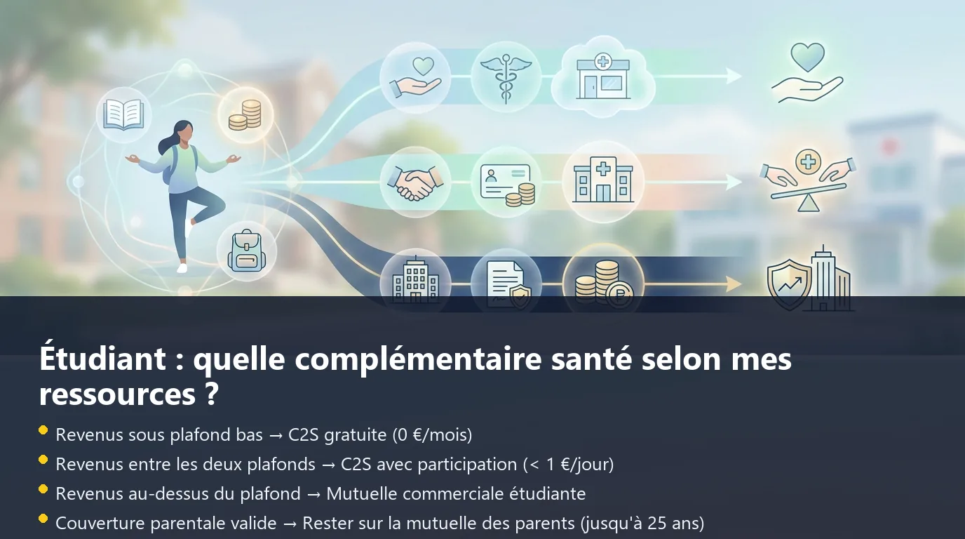 Arbre de décision pour choisir entre C2S gratuite, C2S avec participation et mutuelle commerciale selon les ressources de l'étudiant