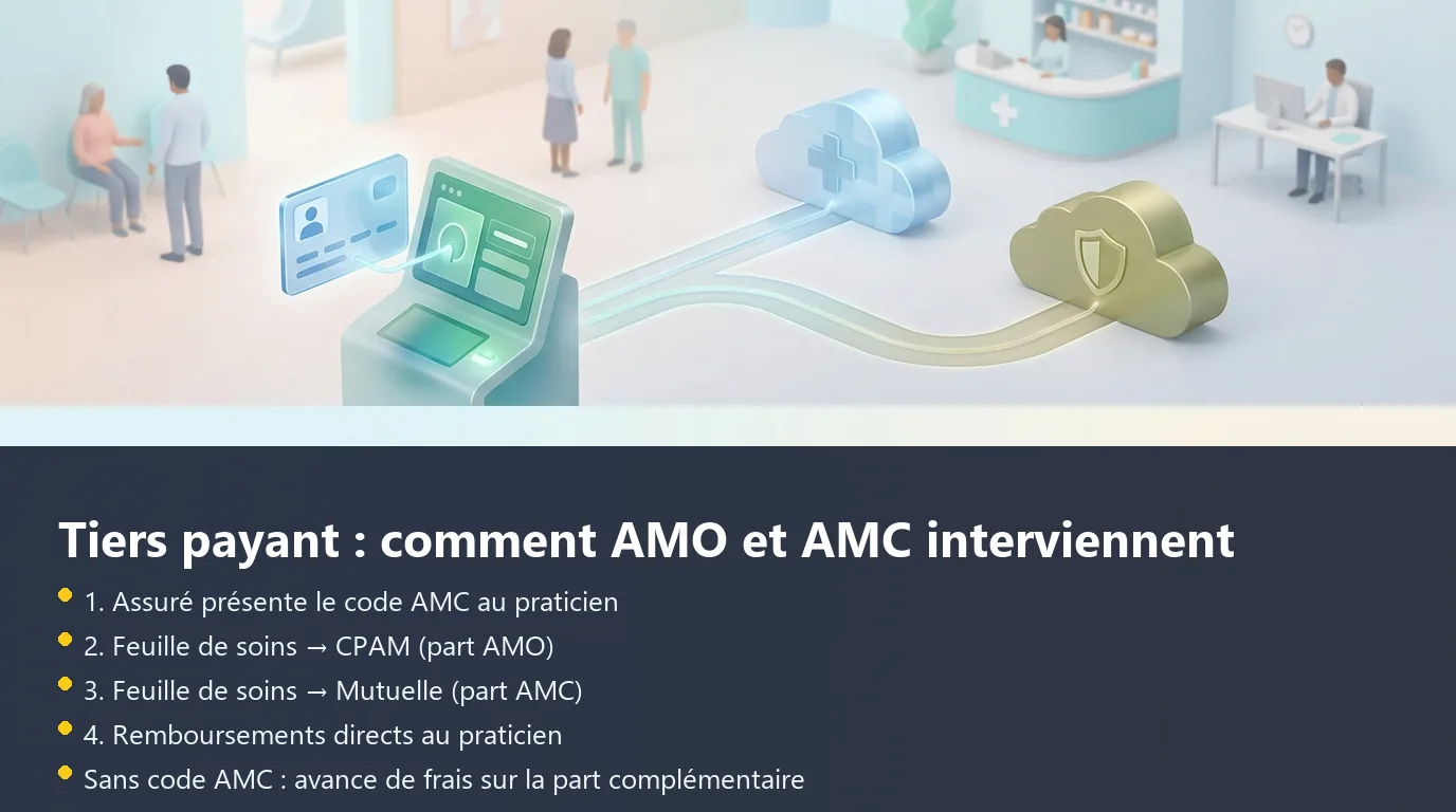 Schéma du circuit de remboursement en tiers payant avec les rôles de l'AMO et de l'AMC