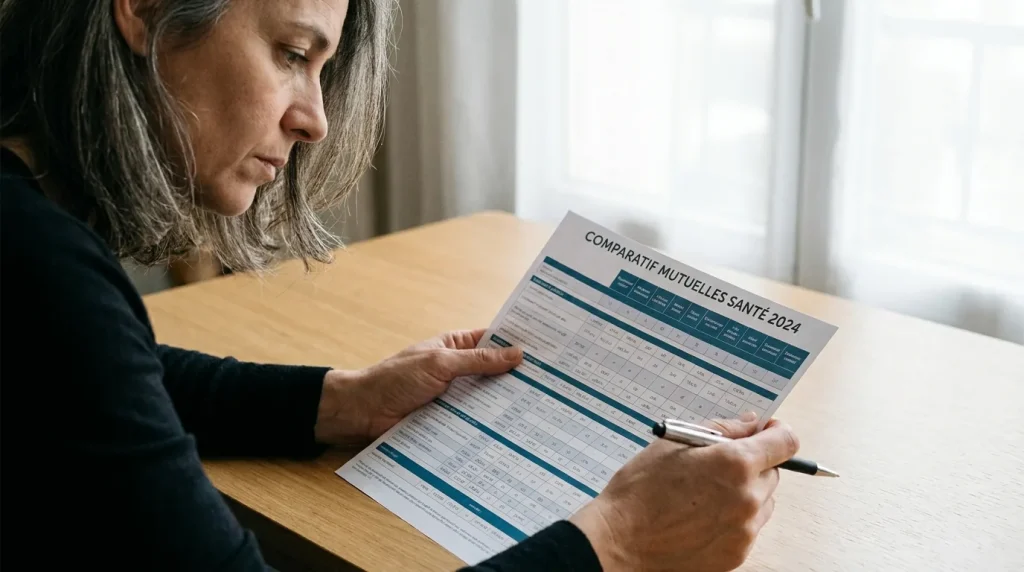 Personne consultant un document de comparaison de mutuelles posé sur une table, stylo en main