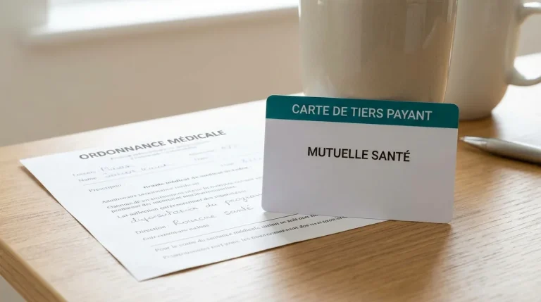 Carte de tiers payant mutuelle posée sur un bureau à côté d'une ordonnance médicale