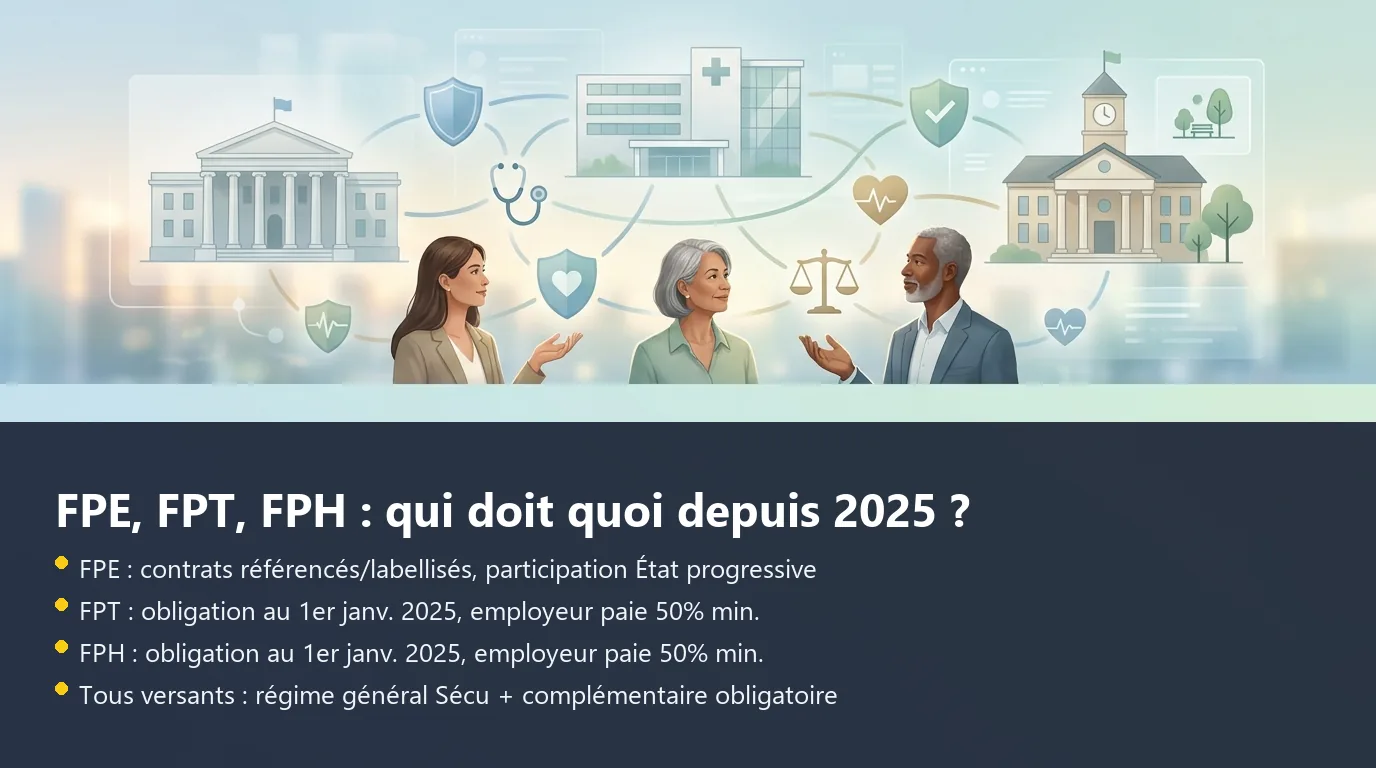 Infographie comparant les régimes de complémentaire santé FPE, FPT et FPH selon l'obligation et la participation employeur