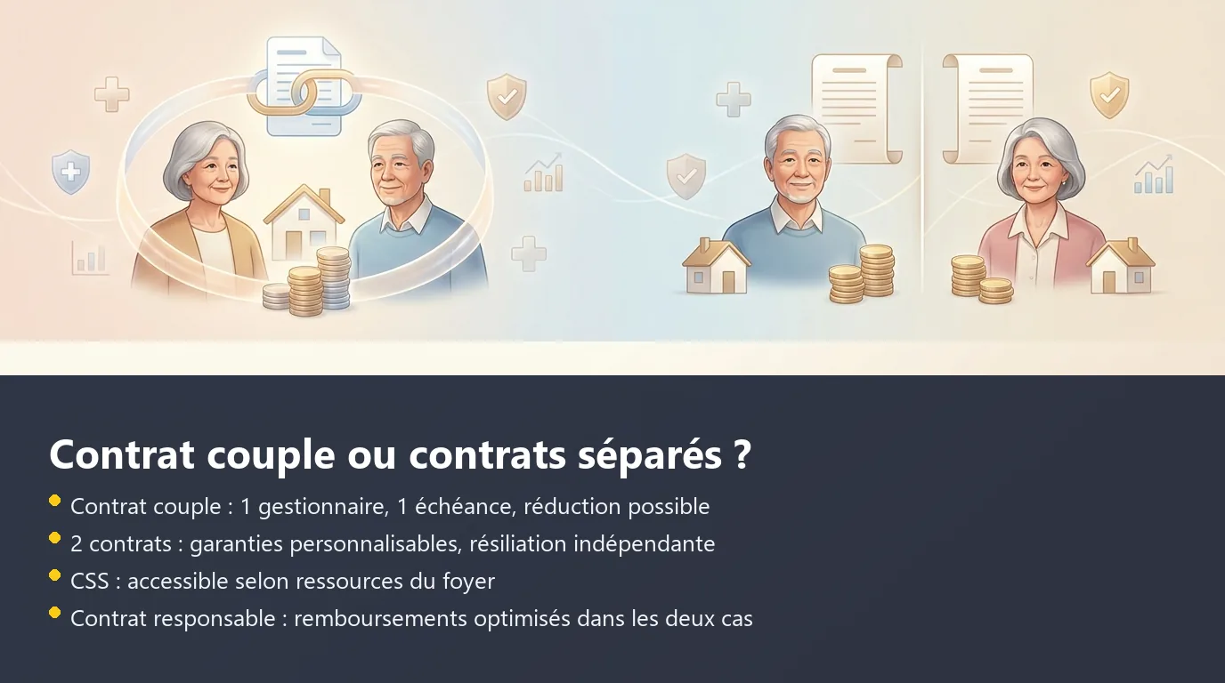 Comparaison visuelle entre contrat couple et deux contrats individuels pour seniors retraités
