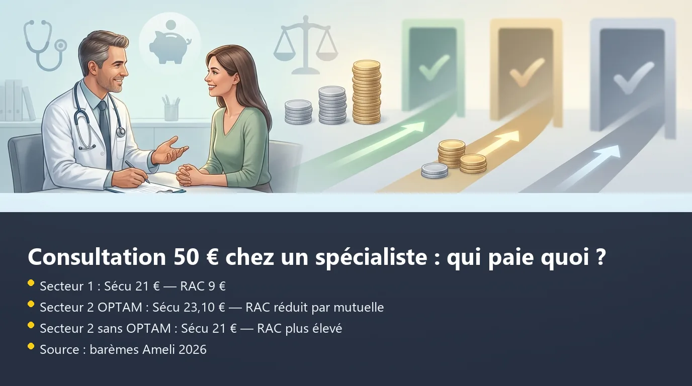 Infographie comparant les remboursements pour une consultation chez un spécialiste en secteur 1, secteur 2 OPTAM et secteur 2 sans OPTAM