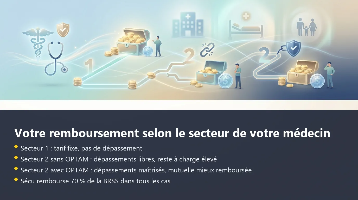 Comparaison du reste à charge patient selon le secteur du médecin : secteur 1, secteur 2 sans OPTAM, secteur 2 avec OPTAM