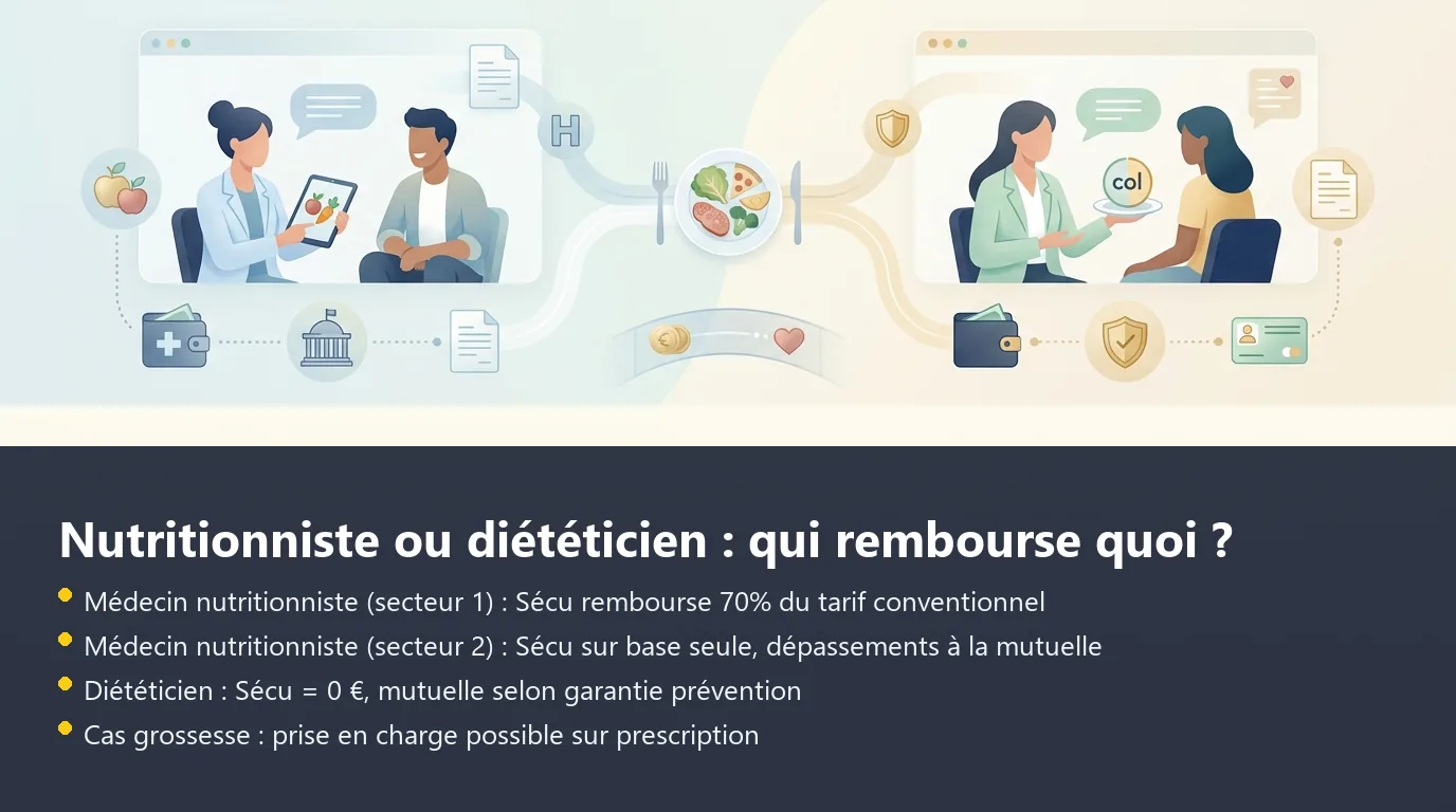 Infographie comparant le remboursement d'un médecin nutritionniste et d'un diététicien par la Sécu et la mutuelle