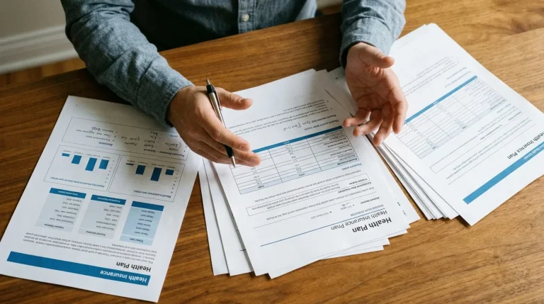 Personne comparant des documents de complémentaire santé posés sur une table, vue de dessus