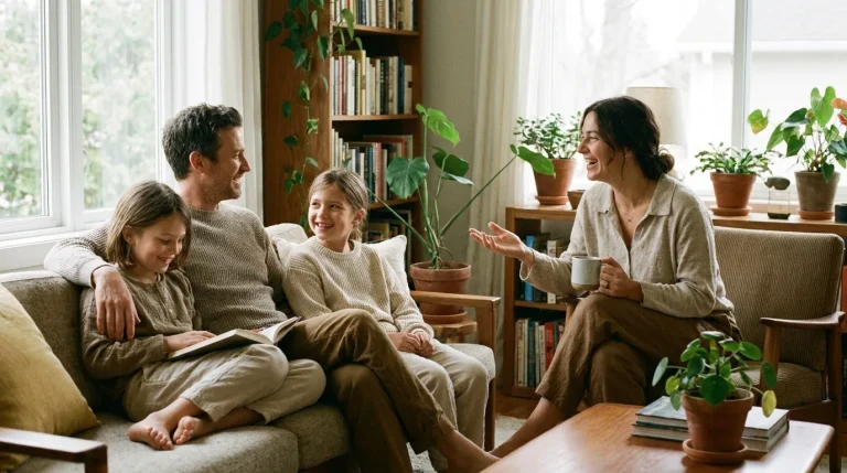 Famille de deux adultes et deux enfants dans un intérieur naturel et lumineux, expressions décontractées