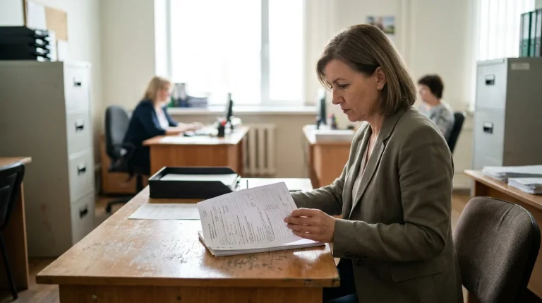 Agent de la fonction publique consultant des documents de protection sociale à son bureau
