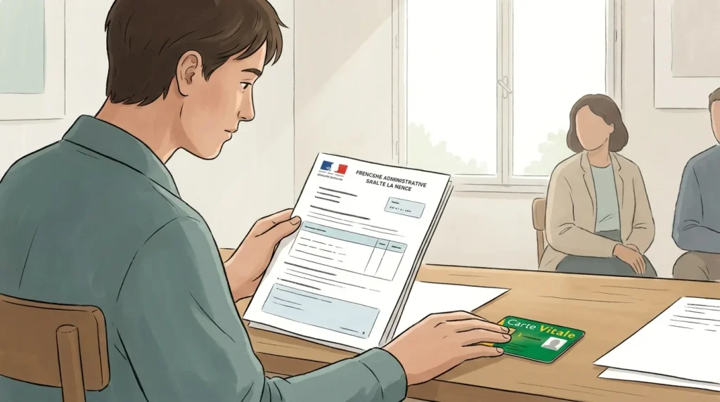 Personne consultant un document administratif de santé avec une carte Vitale posée sur la table