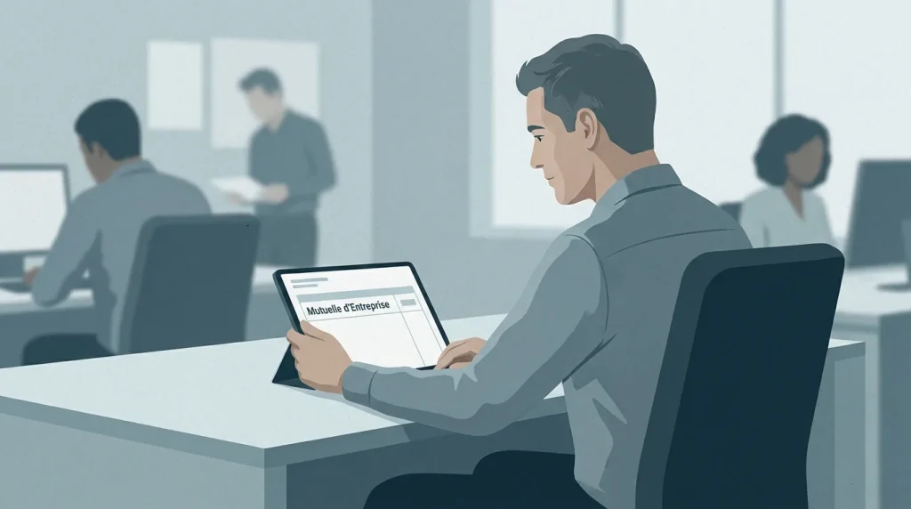 Salarié consultant son bulletin de paie avec une ligne de cotisation mutuelle d'entreprise visible