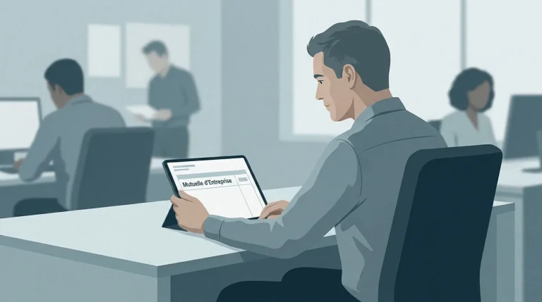 Salarié consultant son bulletin de paie avec une ligne de cotisation mutuelle d'entreprise visible
