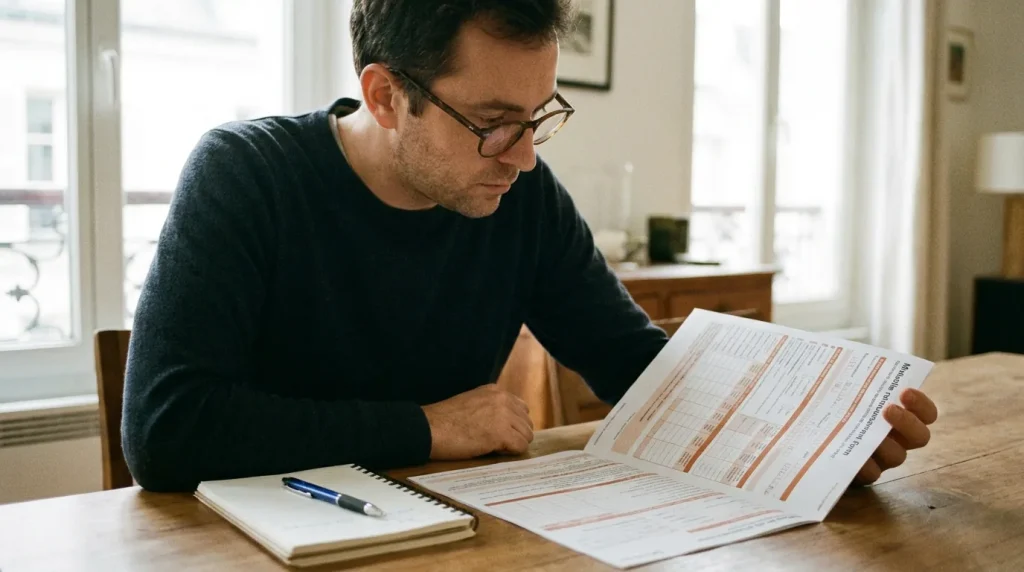 Personne consultant une fiche de remboursement mutuelle sur une table avec des lunettes et un carnet de notes