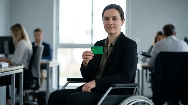 Personne en fauteuil roulant tenant une carte Vitale dans un contexte administratif sobre