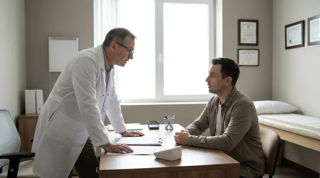 Médecin allergologue en consultation avec un patient adulte dans un cabinet médical sobre
