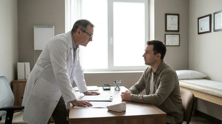Médecin allergologue en consultation avec un patient adulte dans un cabinet médical sobre