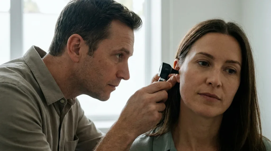 Médecin ORL examinant l'oreille d'un patient avec un otoscope lors d'une consultation