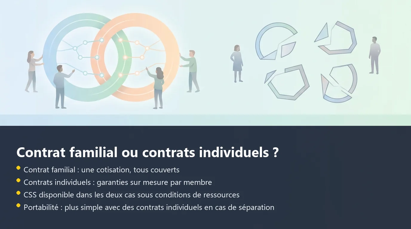 Comparaison visuelle entre un contrat familial unique et des contrats individuels séparés pour une famille