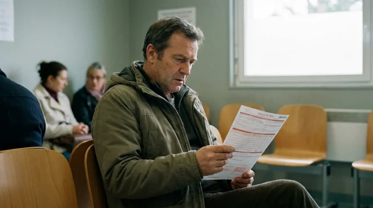 Patient en salle d'attente d'un cabinet médical tenant une feuille de soins