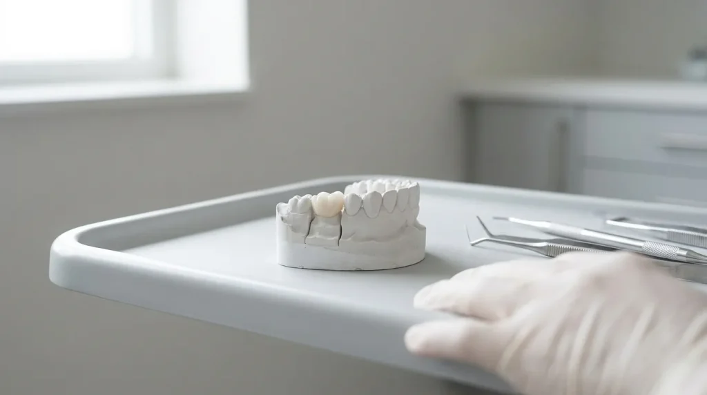Couronne dentaire céramique blanche posée sur un modèle de mâchoire dans un cabinet dentaire