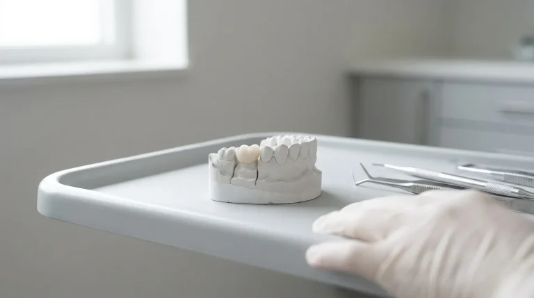 Couronne dentaire céramique blanche posée sur un modèle de mâchoire dans un cabinet dentaire