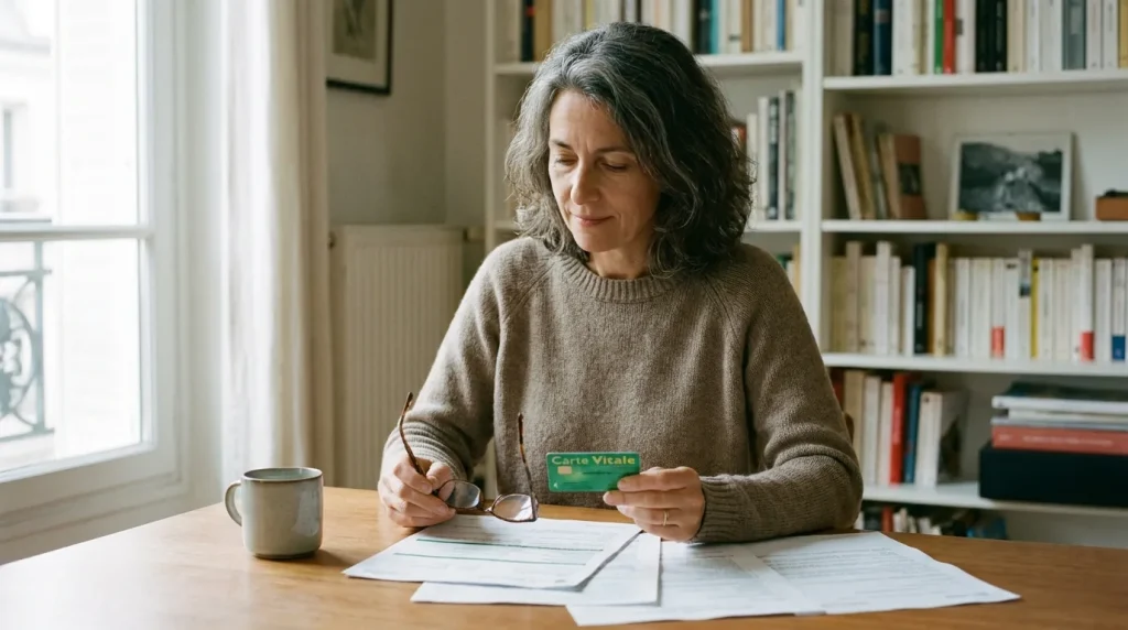 Femme consultant ses documents d'assurance maladie et sa carte Vitale sur une table