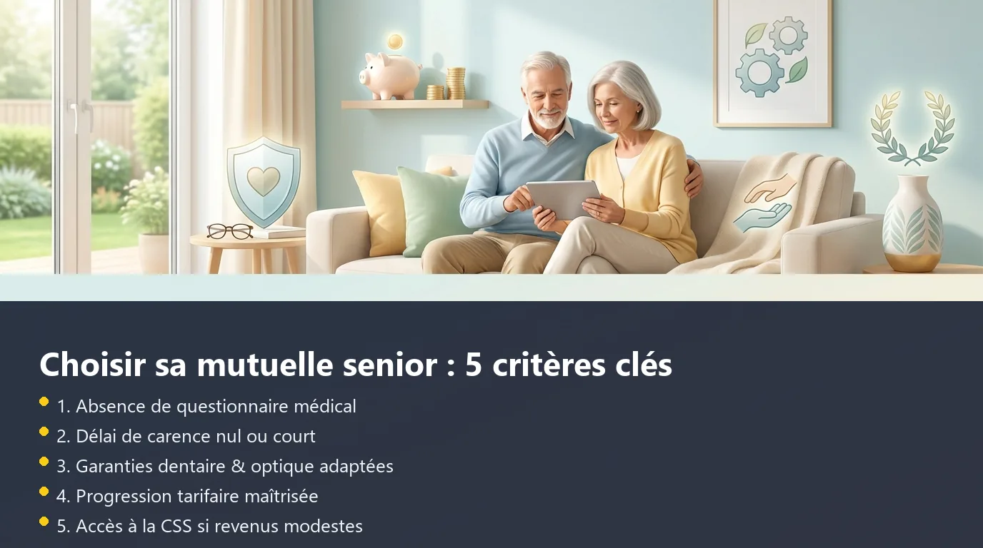 Infographie présentant les 5 critères essentiels pour choisir une mutuelle senior