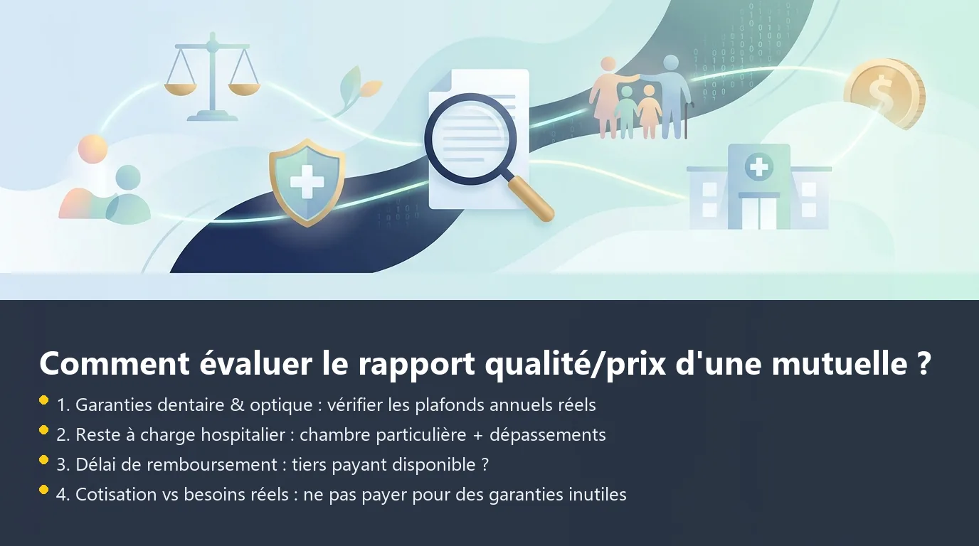 Infographie des quatre critères clés pour évaluer le rapport qualité/prix d'une mutuelle santé
