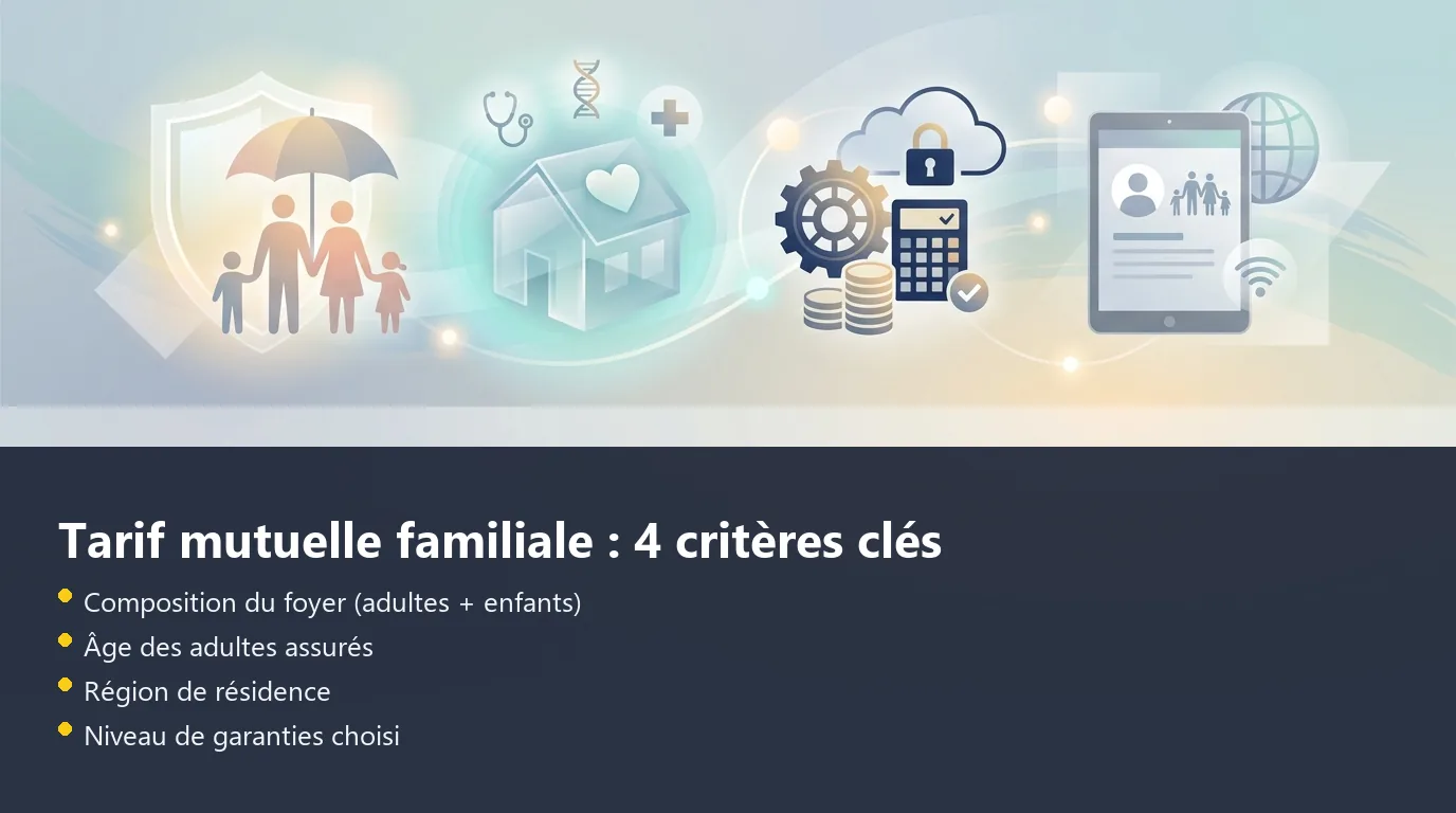 Infographie des quatre critères qui font varier le tarif d'une mutuelle familiale