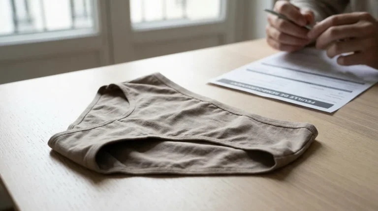 Culotte menstruelle réutilisable posée sur une surface claire avec une feuille de remboursement en arrière-plan
