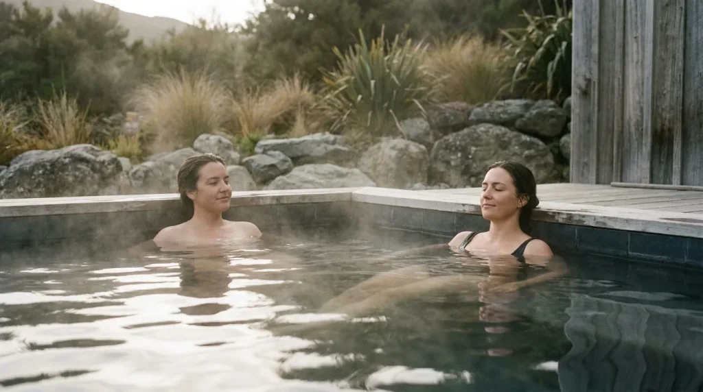 Personne en piscine thermale extérieure avec vapeur d'eau, cadre naturel apaisé