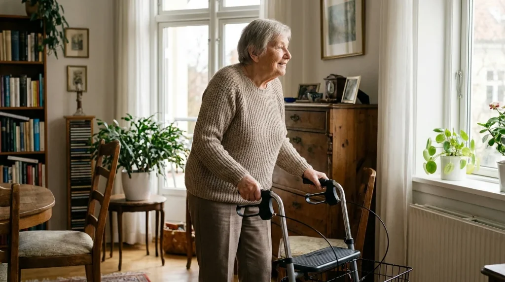 Personne âgée utilisant un déambulateur à domicile dans une pièce lumineuse