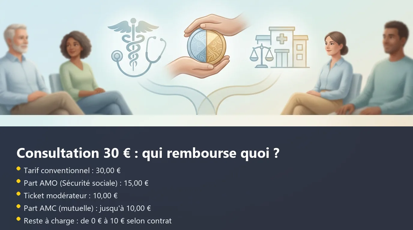 Décomposition du remboursement d'une consultation : part AMO Sécurité sociale et part AMC mutuelle sur un tarif de 30 euros