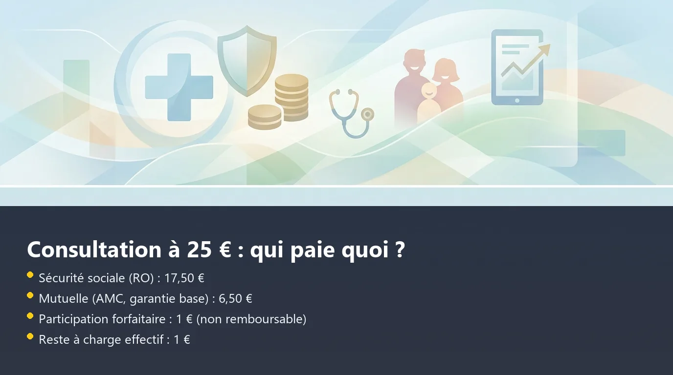 Infographie de décomposition du remboursement d'une consultation généraliste à 25 euros entre Sécurité sociale, mutuelle et reste à charge