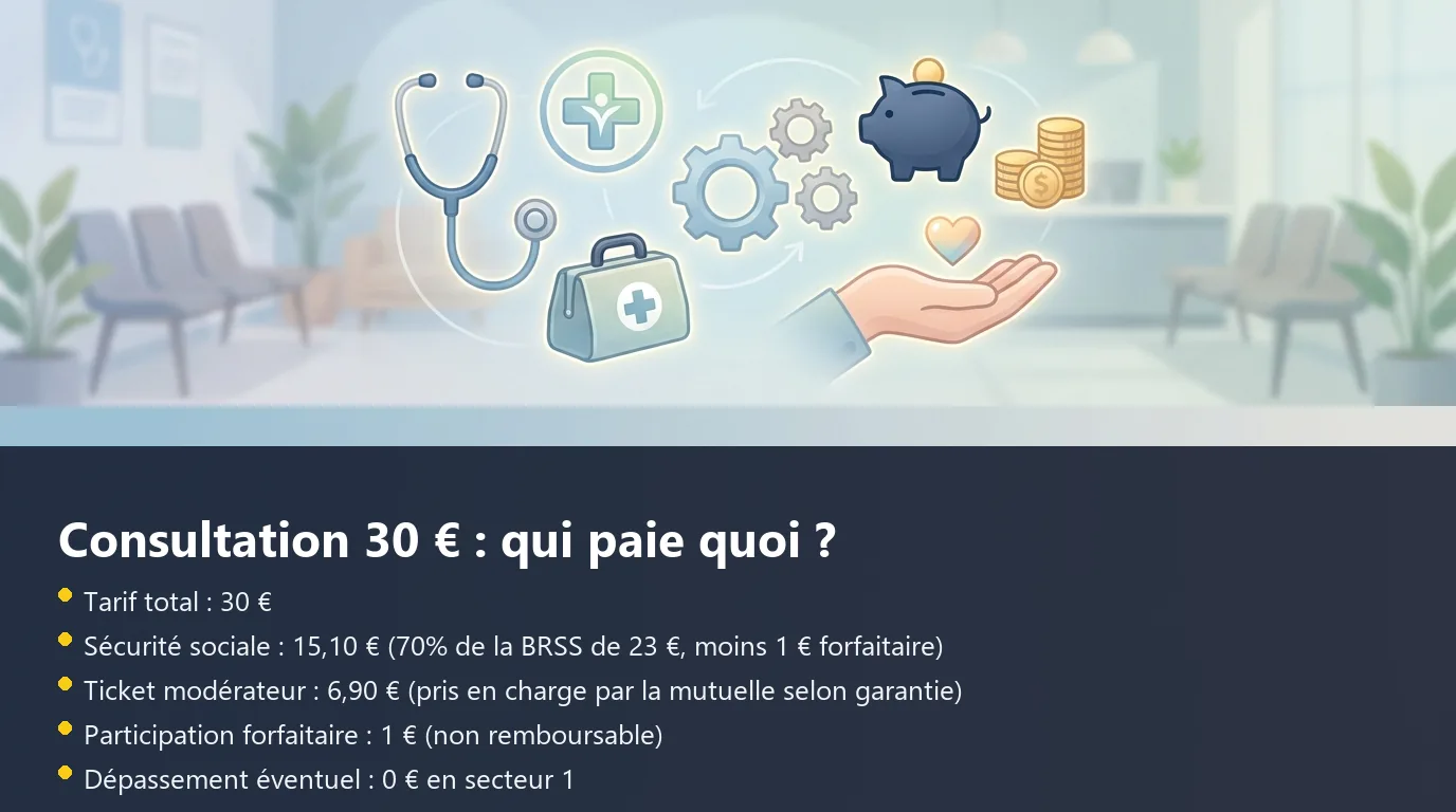 Infographie décomposant le remboursement d'une consultation à 30 € en secteur 1 entre Sécurité sociale, mutuelle et reste à charge