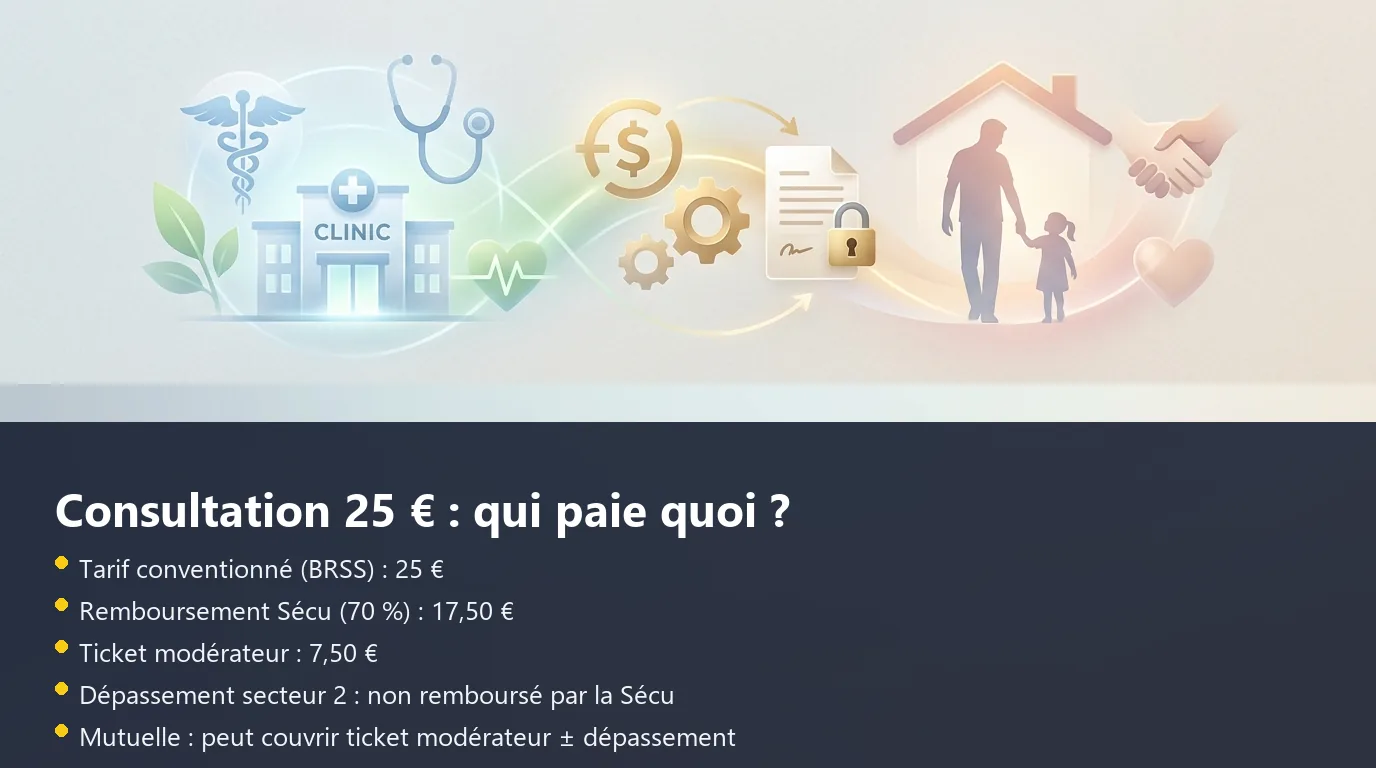 Infographie décomposant le remboursement d'une consultation généraliste à 25 euros selon la BRSS